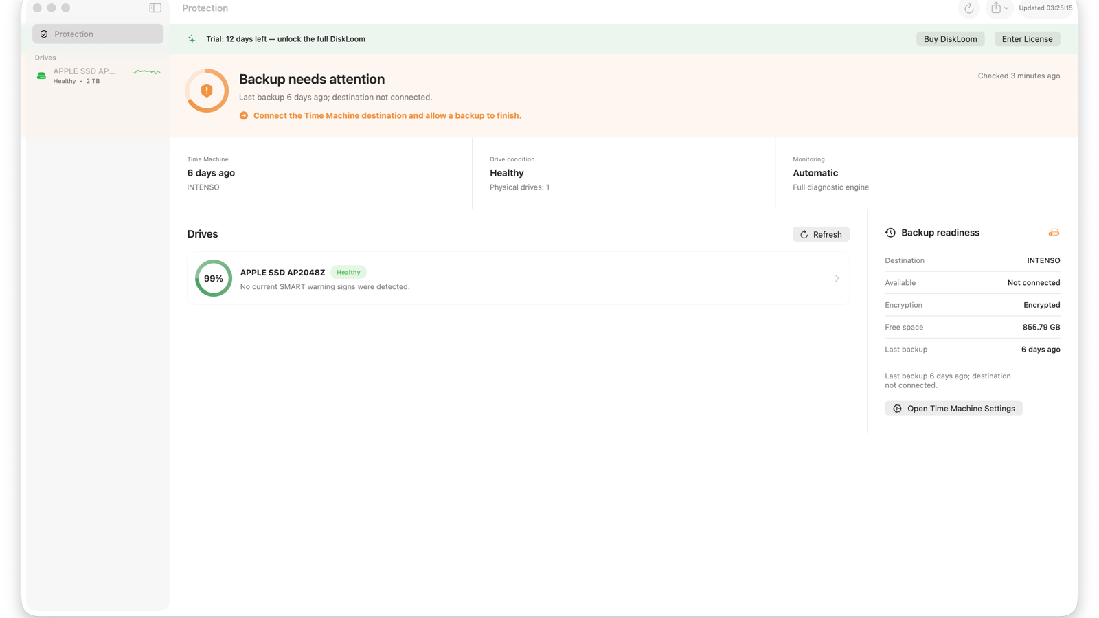 DiskLoom Protection overview showing drive condition, Time Machine backup readiness, and a recommended action.