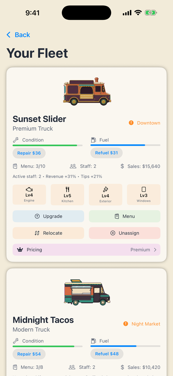 Truck management with upgrade levels and pricing
