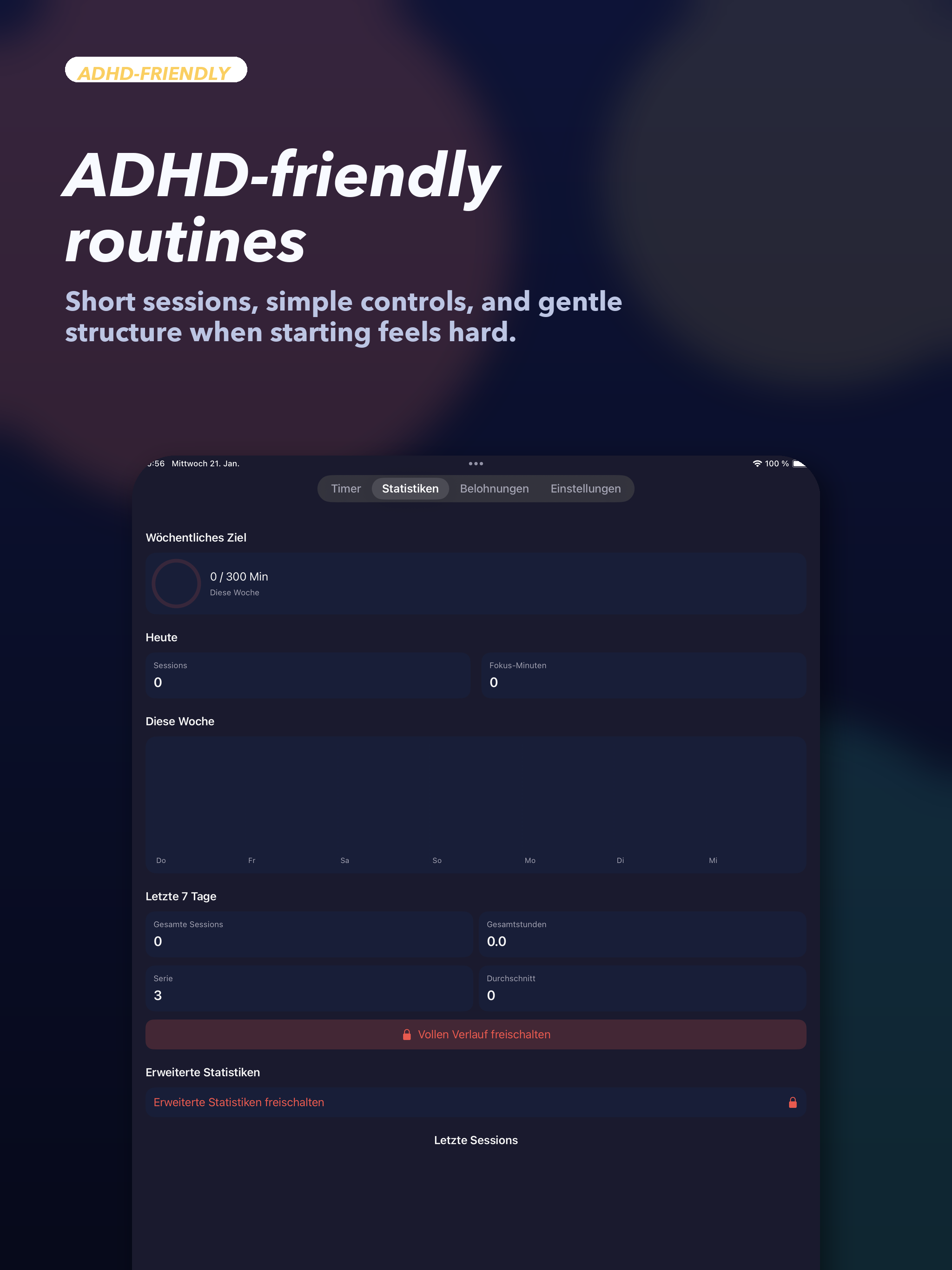 RidgeFocus iPad screenshot showing focus tools and ADHD-friendly routines.