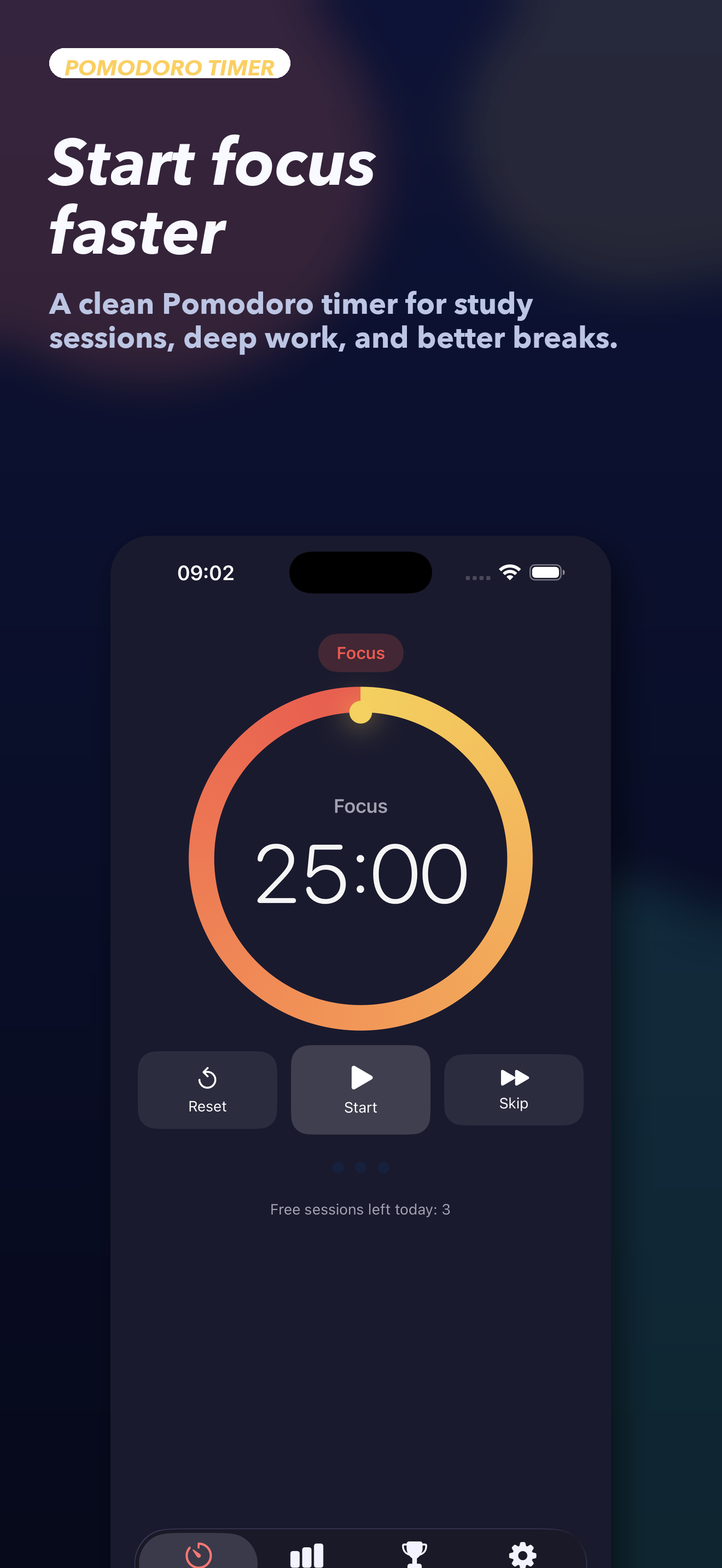 RidgeFocus screenshot showing the timer and Start focus faster messaging.