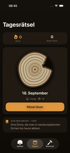 Daily puzzle screen in dark appearance with streak counter