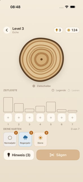 Gameplay screen in light appearance: target slice and timeline with climate cards