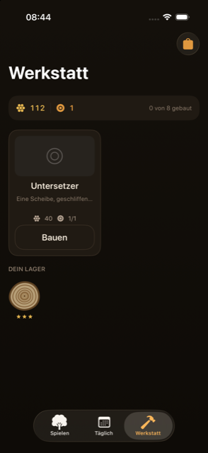 Workshop screen in dark appearance showing crafted wooden objects