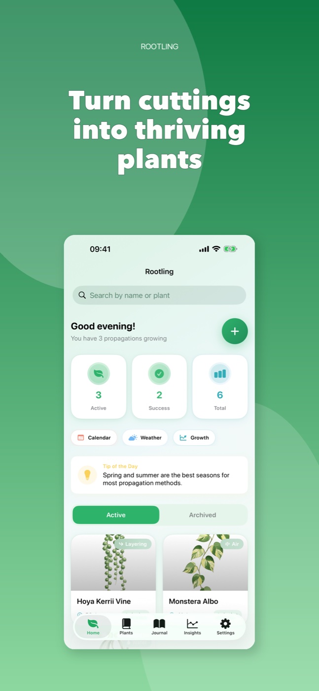 Rootling home screen showing active plant propagations