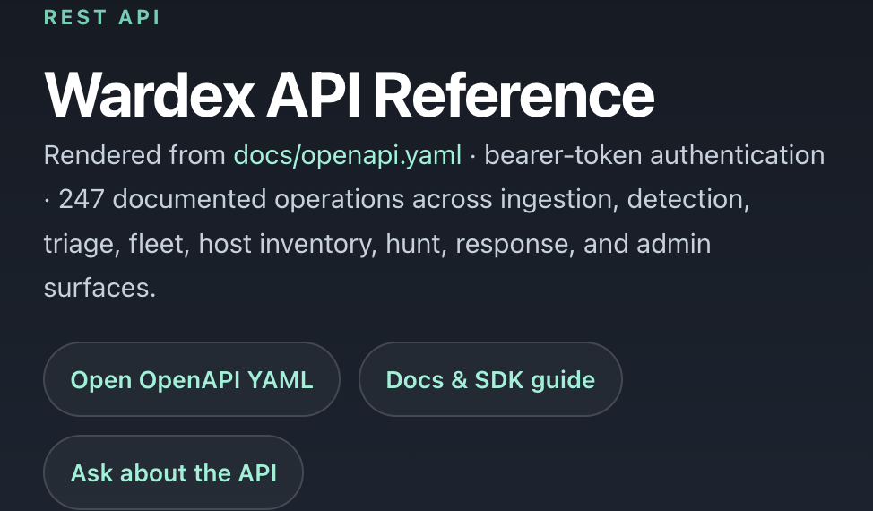 Wardex API reference rendered from the versioned OpenAPI contract.
