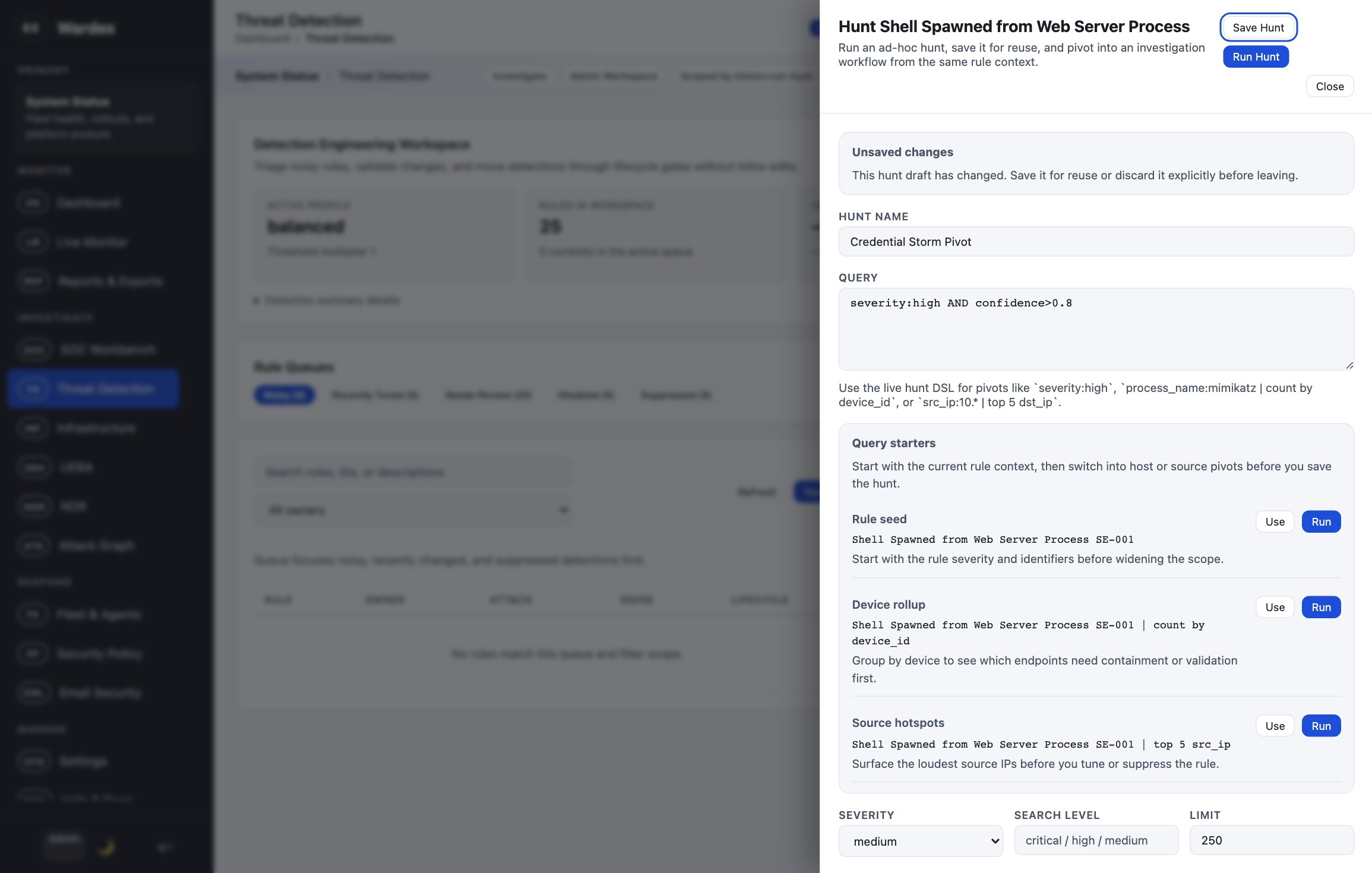 Wardex threat detection workspace with a live hunt drawer open from rule context.