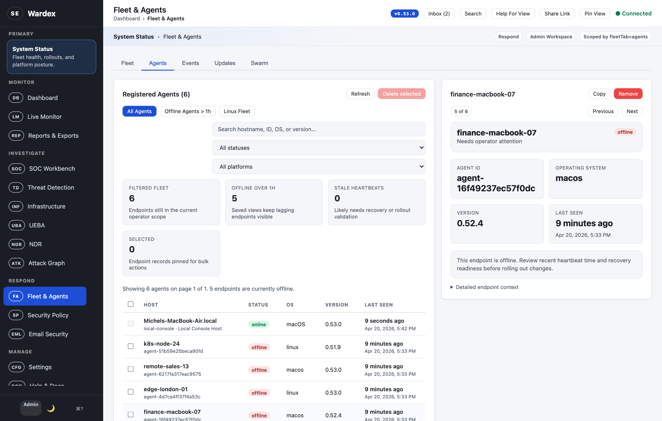 Wardex fleet view showing enrolled endpoints, operating systems, versions, and endpoint detail for an offline finance MacBook.