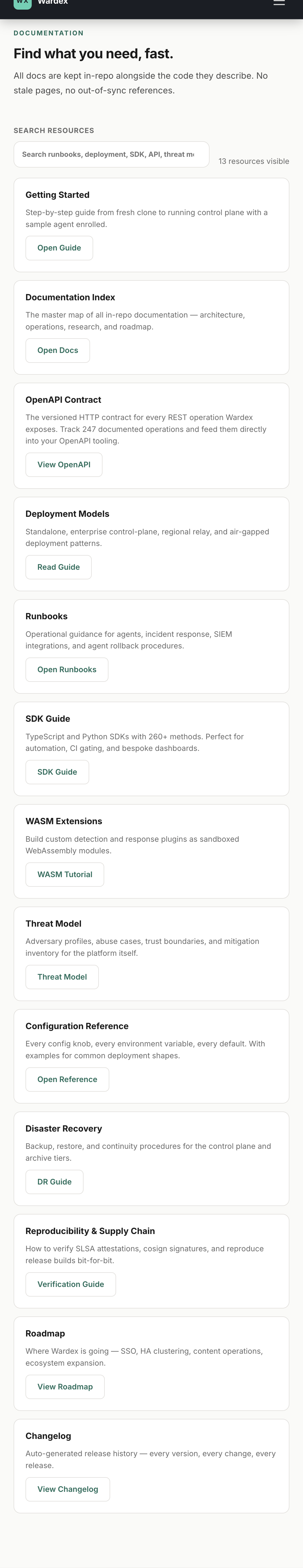 Wardex documentation hub showing quick start, docs index, and runbook resources.