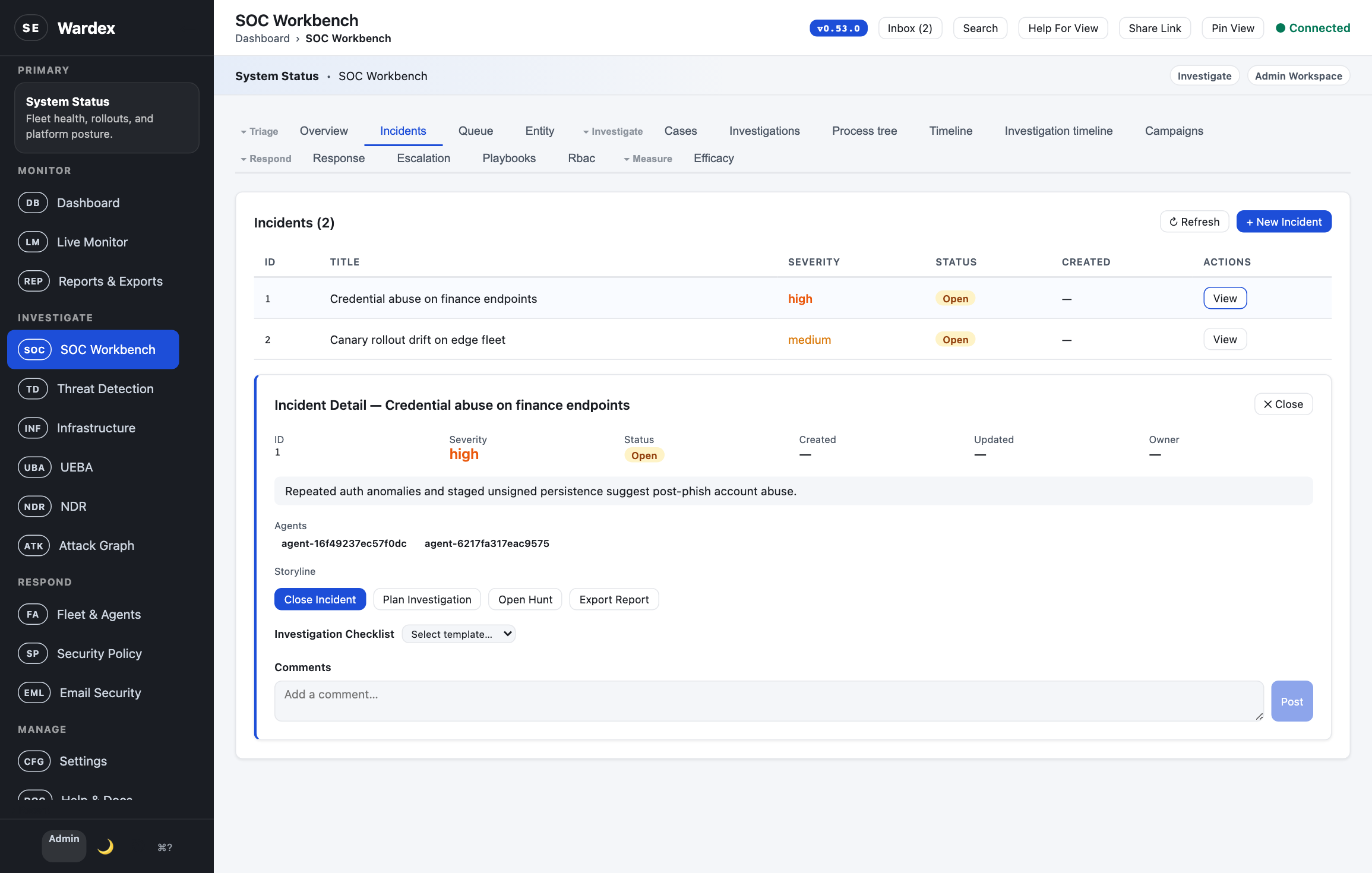 Wardex SOC workbench showing open incidents and the detail view for a credential abuse investigation.